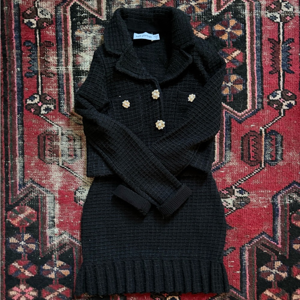 Self Portrait Cropped Embellished Metallic Boucle Knit Jacket & Skirt Set - Picture 2 of 5